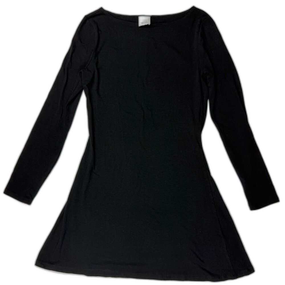 elloh Black Long Sleeve Boat Neck Mini Dress Size M Made in USA